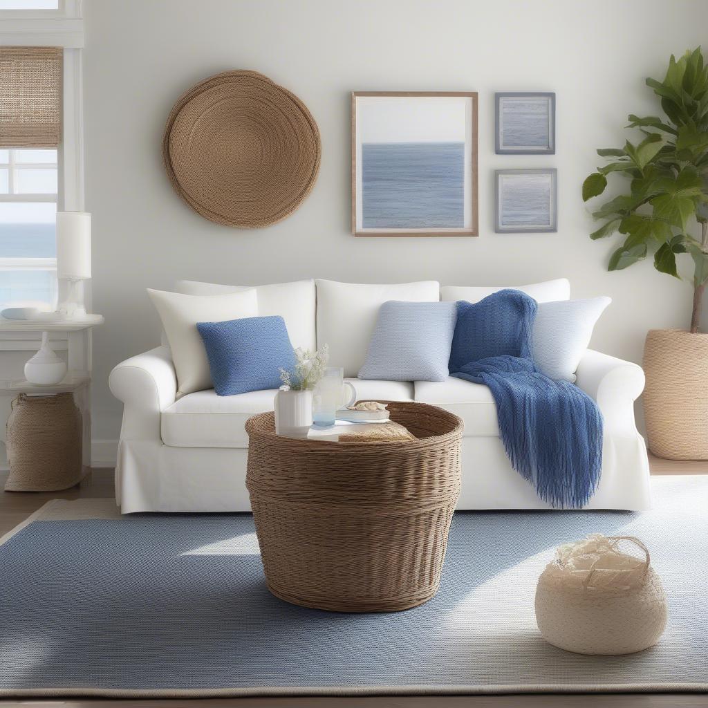 A nautical blue cotton basket weave throw draped over a white sofa in a living room with coastal decor.