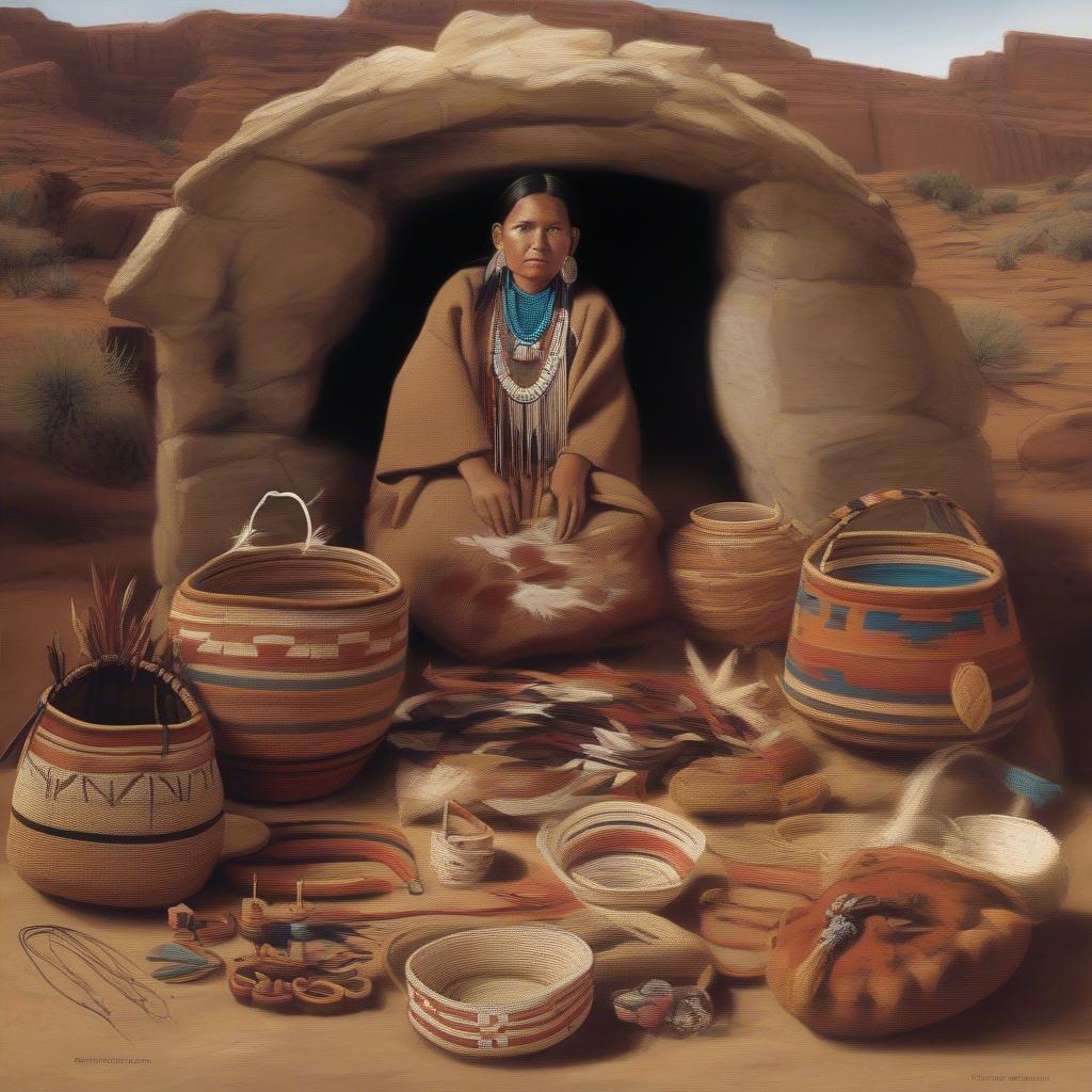 The Cultural Significance of Navajo Baskets:  A display of Navajo baskets in a ceremonial setting, alongside traditional Navajo clothing and jewelry.