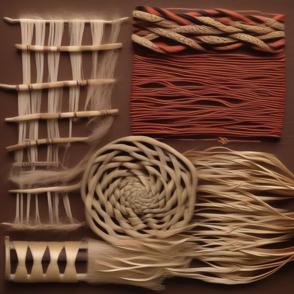 Traditional Navajo Basket Weaving Materials and Techniques:  An assortment of sumac, willow, and yucca alongside examples of coiling and plaiting techniques.