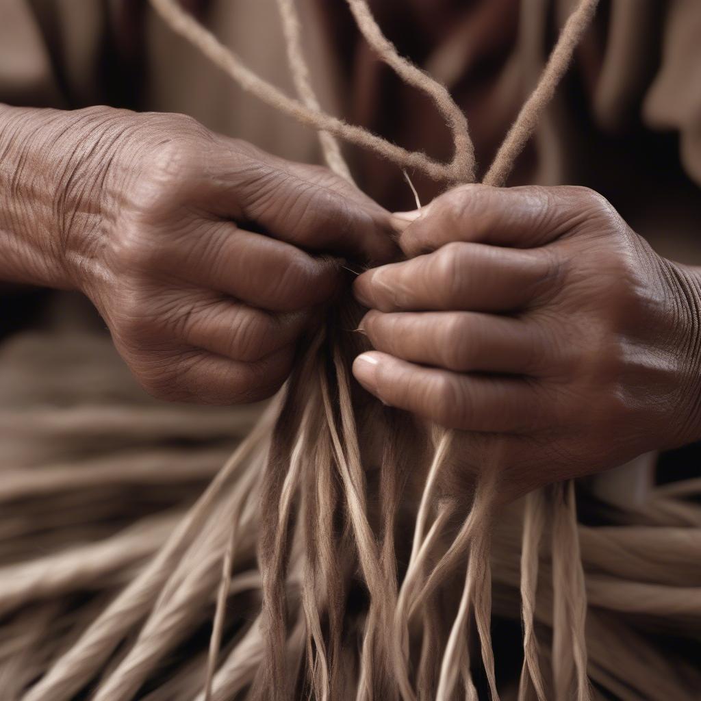 A Navajo weaver demonstrating the intricate coiling technique used in creating a traditional basket