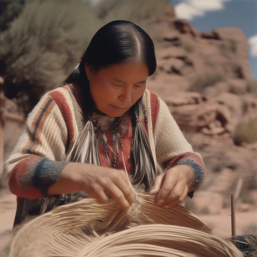 Navajo weaver working on a wedding basket using traditional techniques