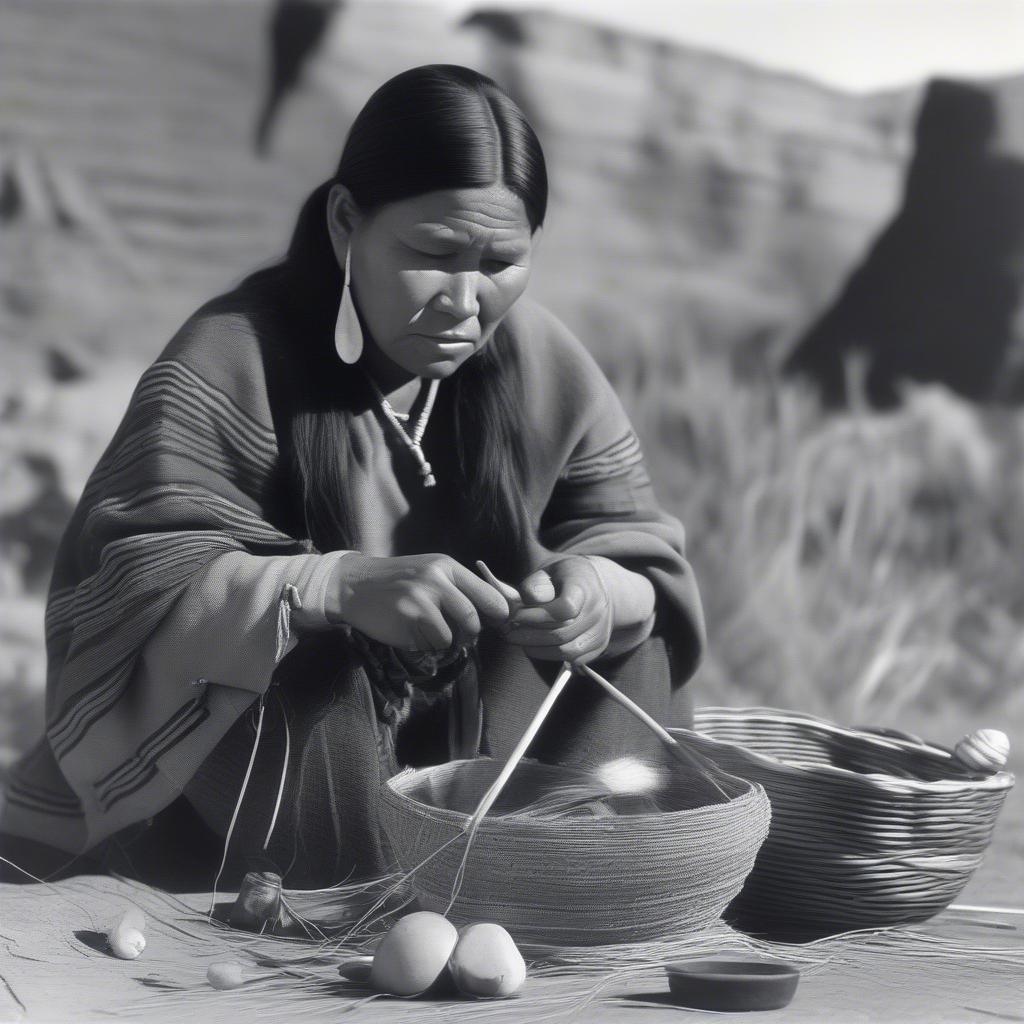 Navajo Woman Weaving a Basket in 1902