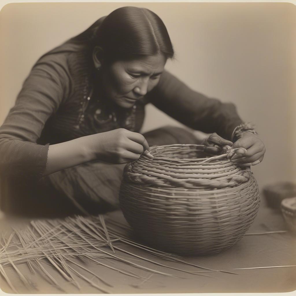 Navajo Woman Weaving a Basket in 1902: A close-up view of the weaver's hands and the intricate basket weaving process.