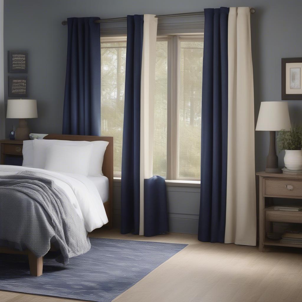 Navy Basket Weave Curtains in a Bedroom