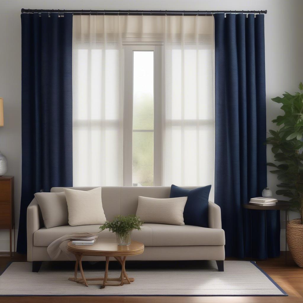 Navy Basket Weave Curtains in a Living Room