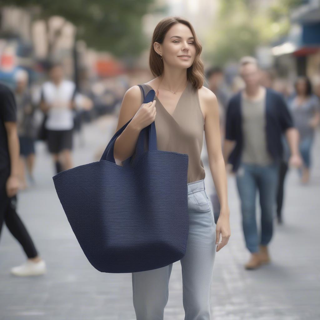 Woman carrying a navy blue woven tote bag on her shoulder