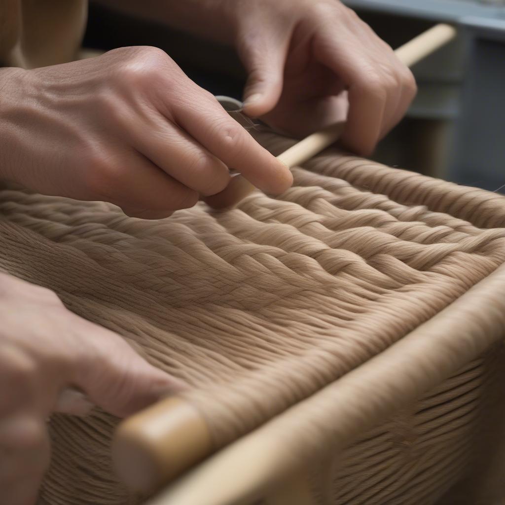 Close-up of hands weaving a Neeley seat, showcasing the intricate process and the natural materials used.