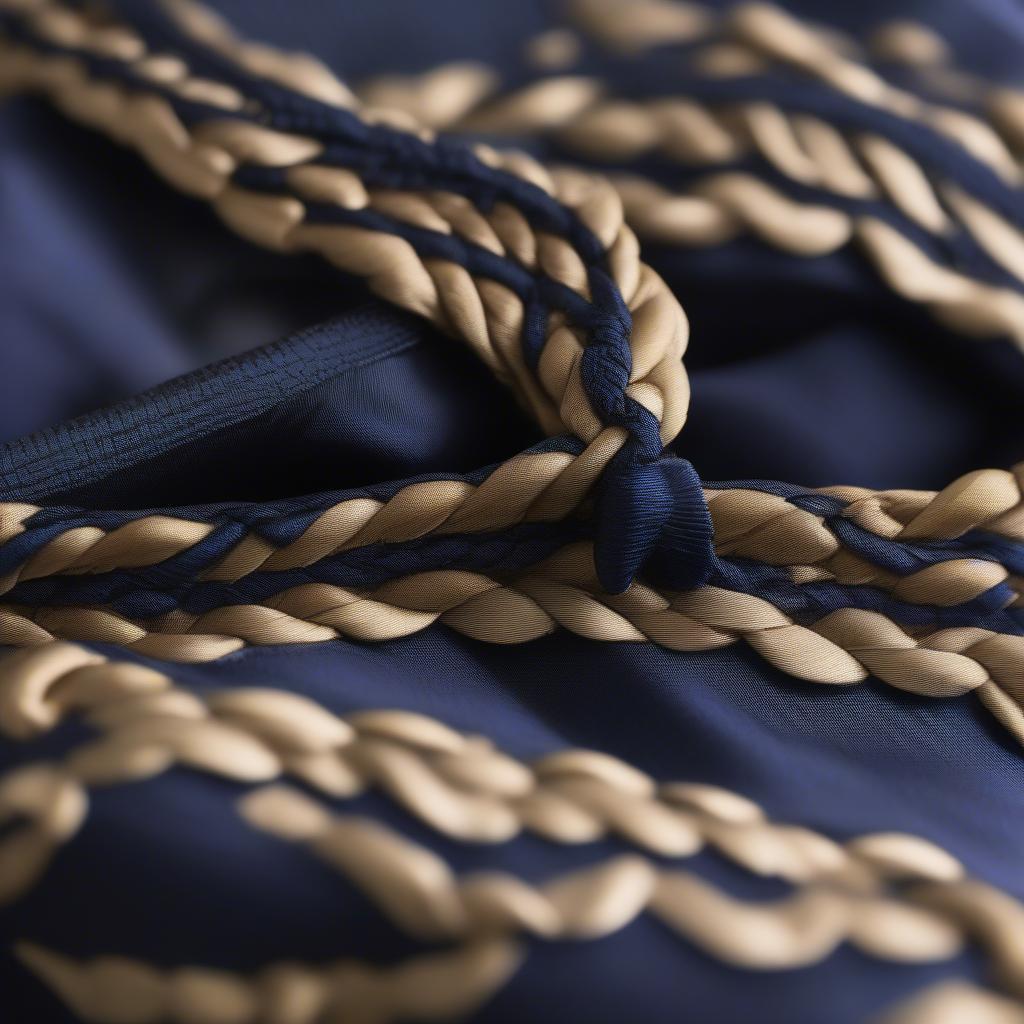 Neiman Marcus Navy Silk Woven Shoulder Bag - A close-up shot of the bag showcasing the intricate woven silk pattern, the rich navy color, and the delicate shoulder strap.