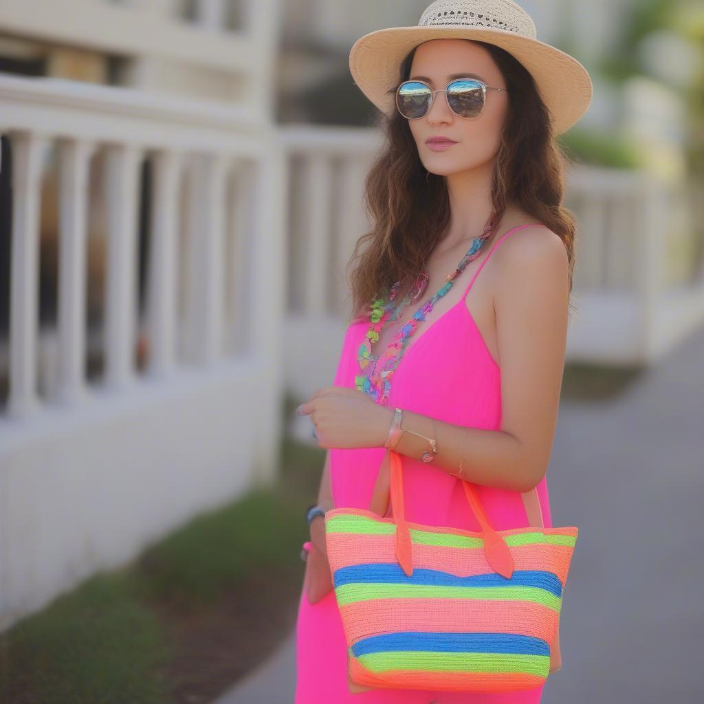 Different outfit ideas incorporating neon woven bags.