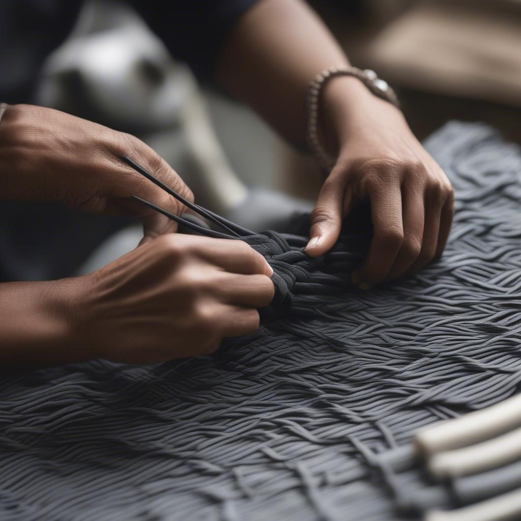 Artisan weaving strips of neoprene to create a bag, showcasing the intricate process.