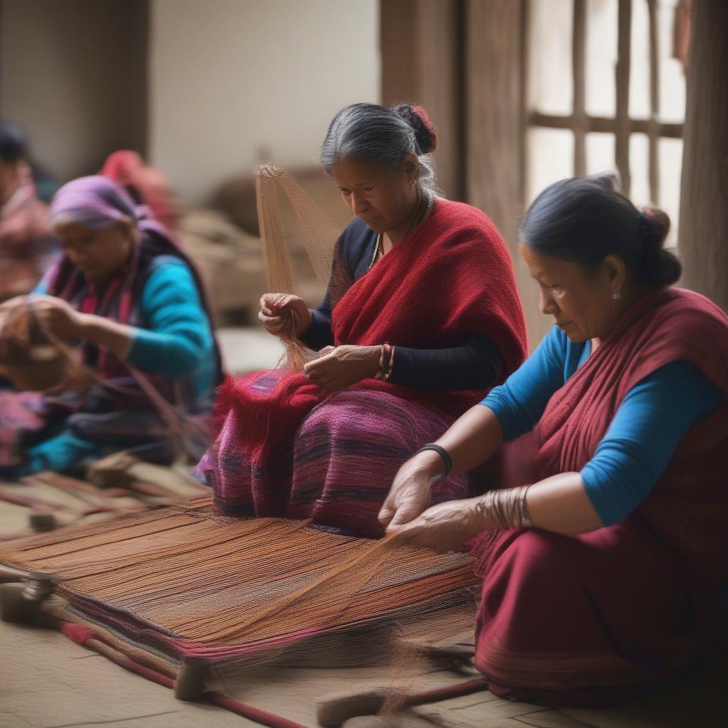 Nepalese women skillfully weaving intricate designs into traditional bags.