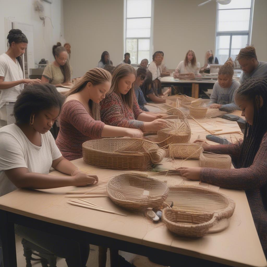 Students learning basket weaving in a New Orleans classroom