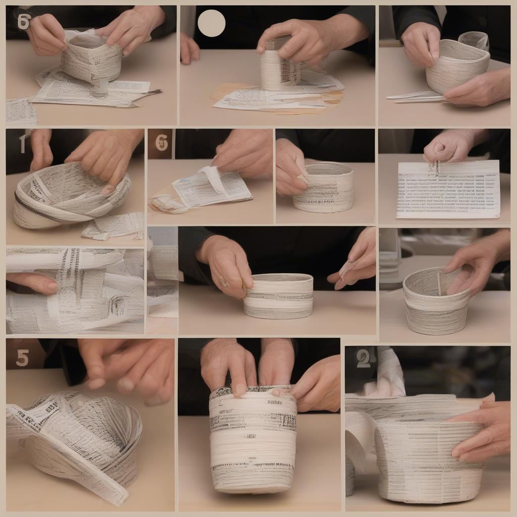 Step-by-step visual guide to weaving a basket from newspaper reeds.