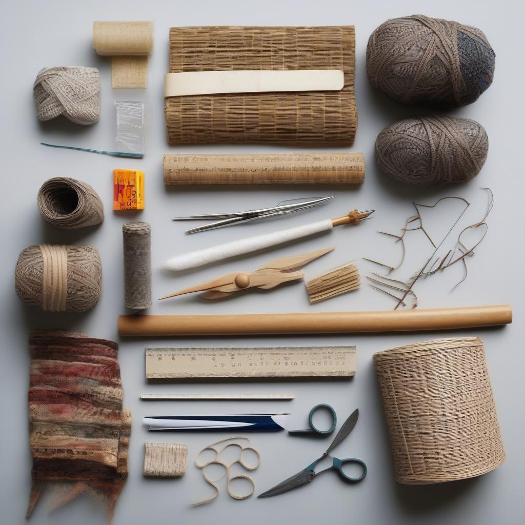 Supplies needed to weave a newspaper basket, including newspapers, scissors, glue, and a knitting needle.