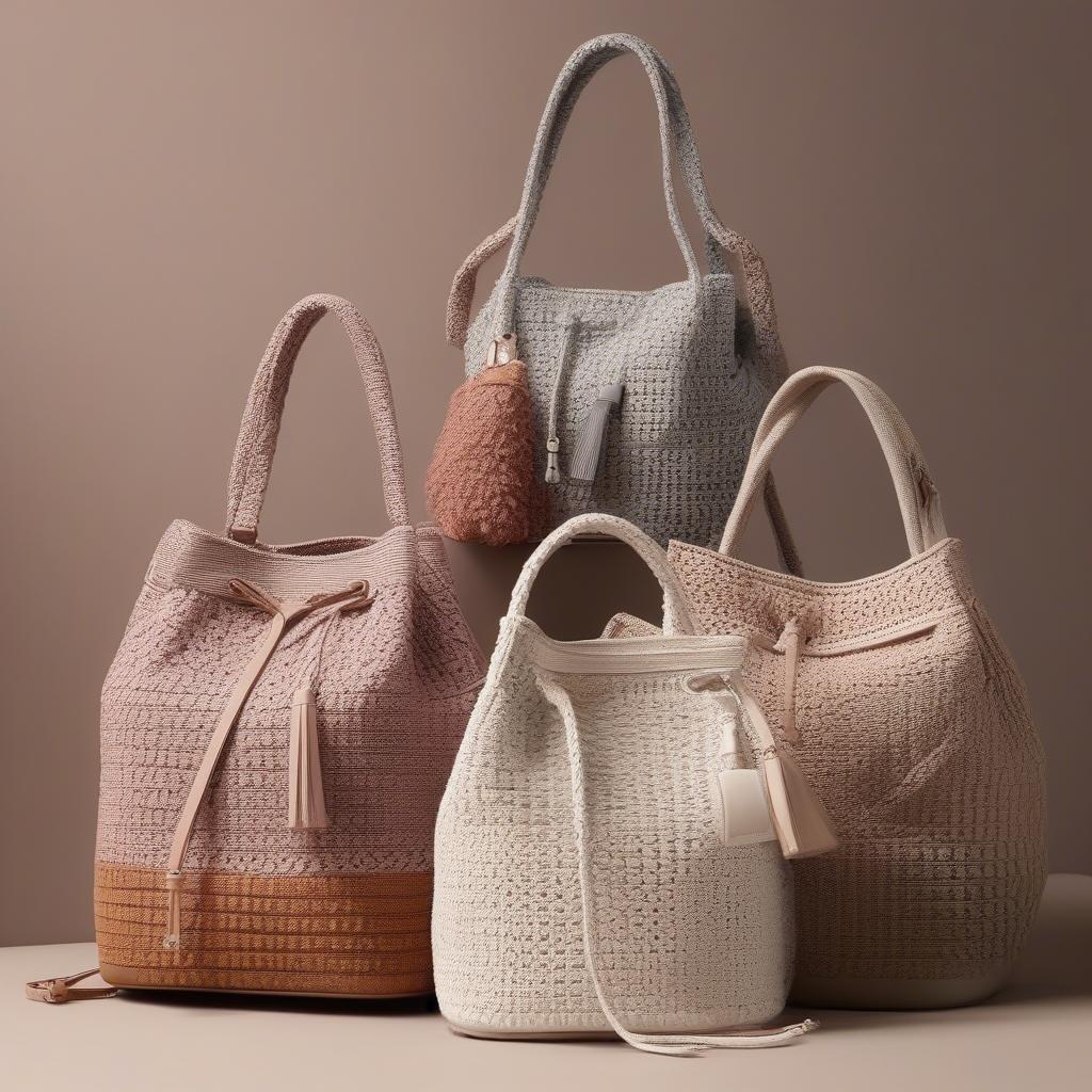 Display of Nine West crochet woven bucket bags in a variety of colors, showcasing the different color options available.