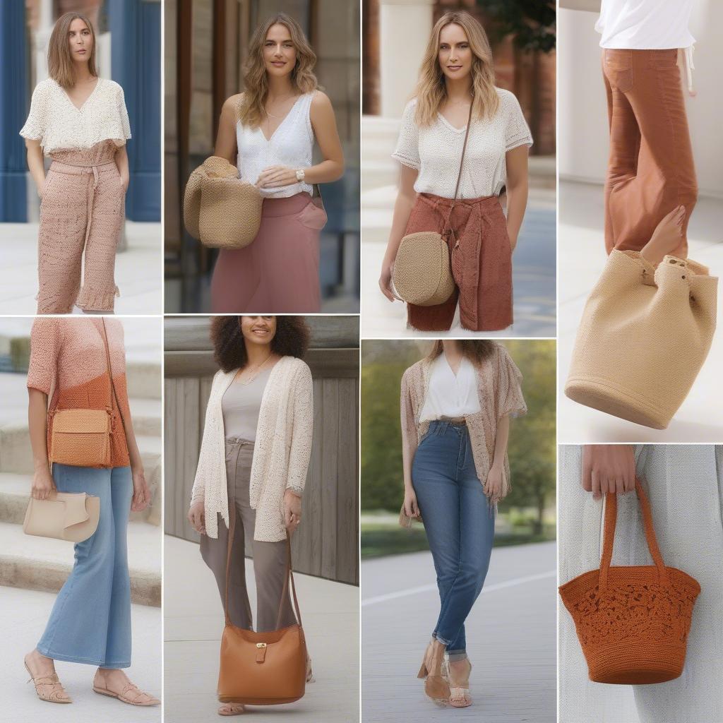 Several outfit ideas showcasing the Nine West crochet bucket bag paired with different clothing styles, such as jeans, dresses, and skirts.