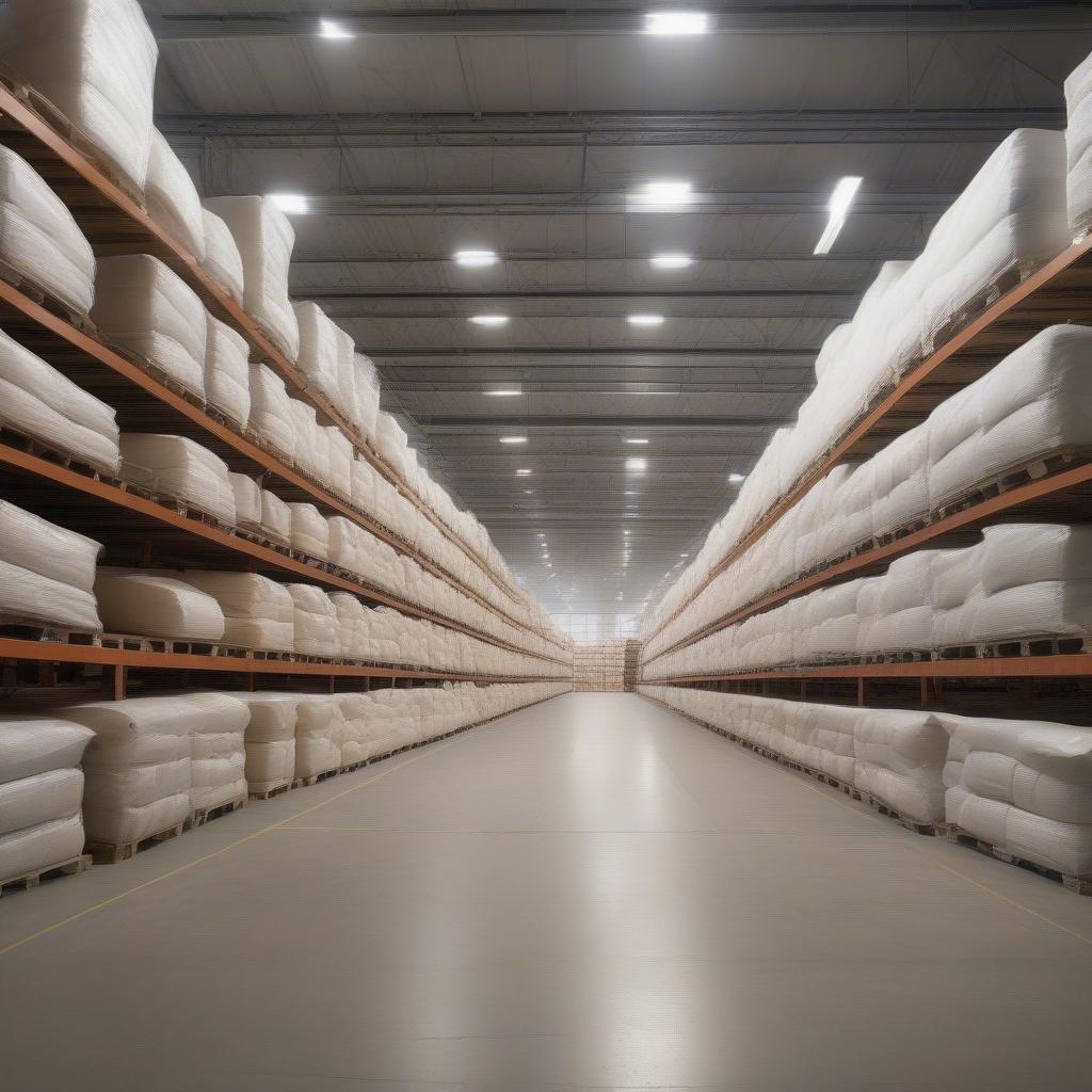 Stacks of non-woven bags filled with bedding in a factory warehouse, demonstrating efficient storage solutions.