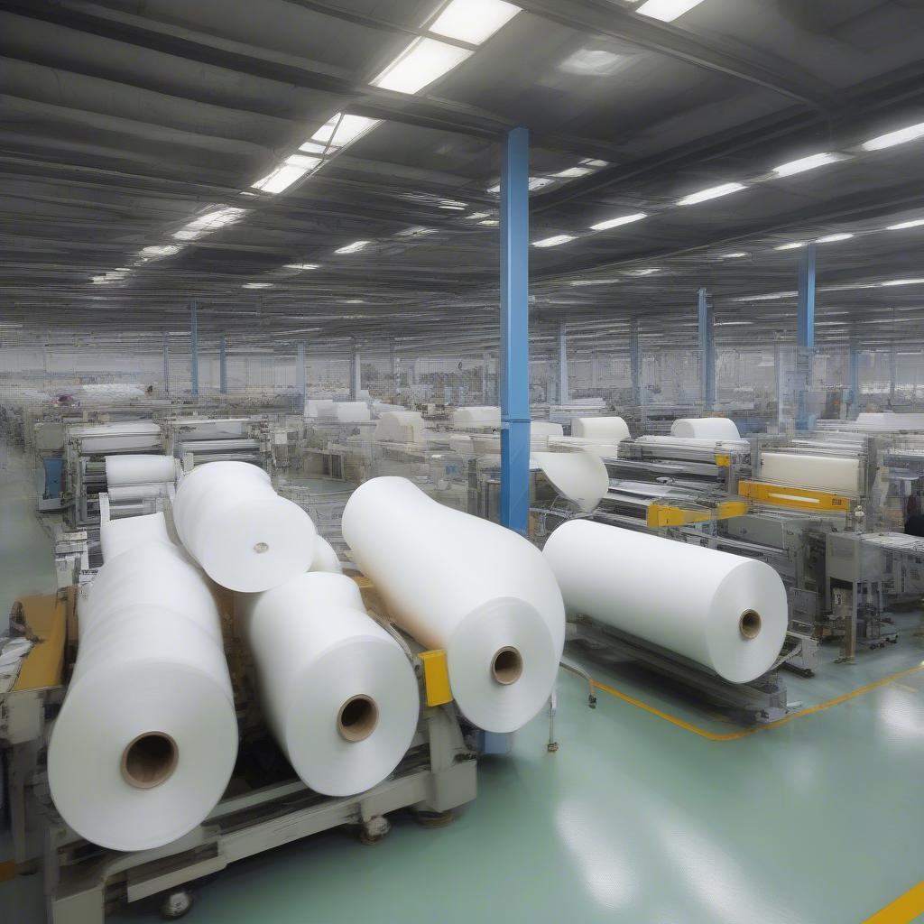 Non-woven bag factory production line showing machinery and workers