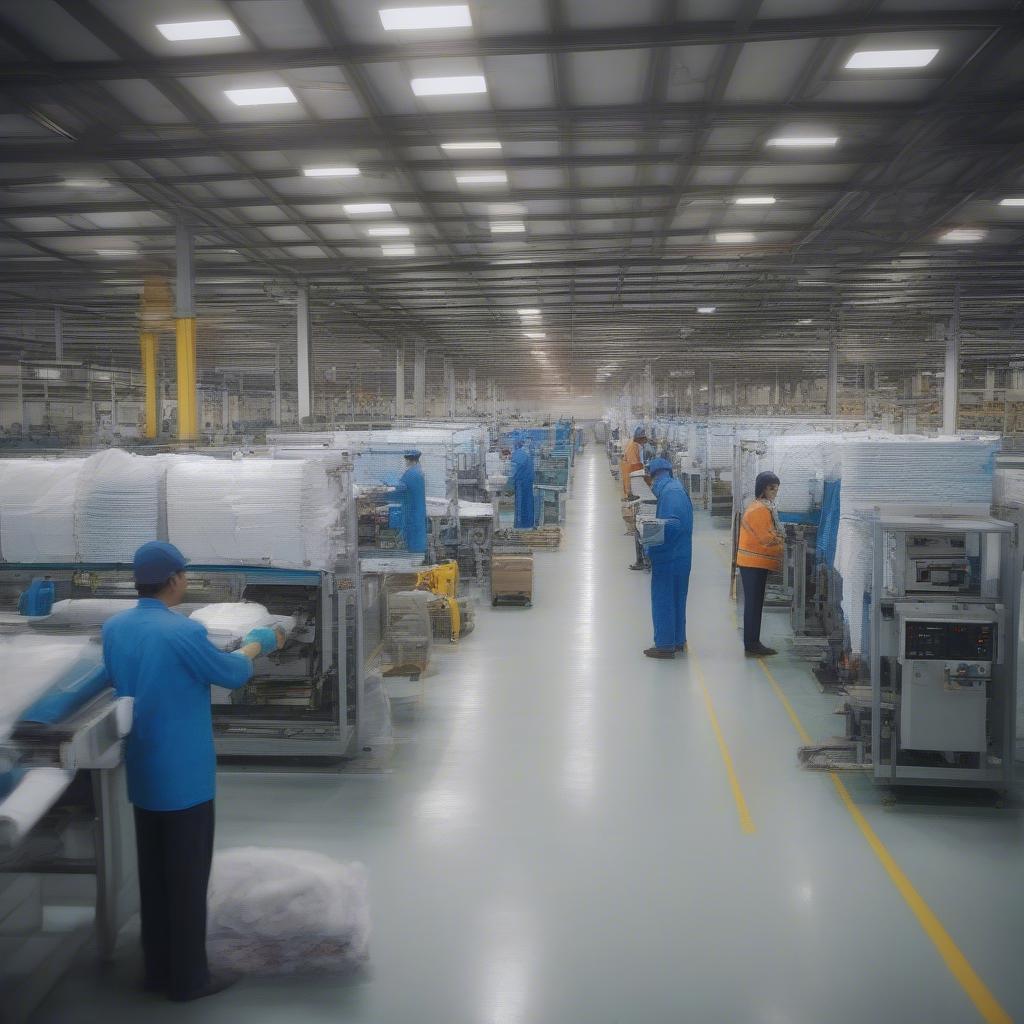 Non-woven bag factory production line showcasing automated machinery and workers