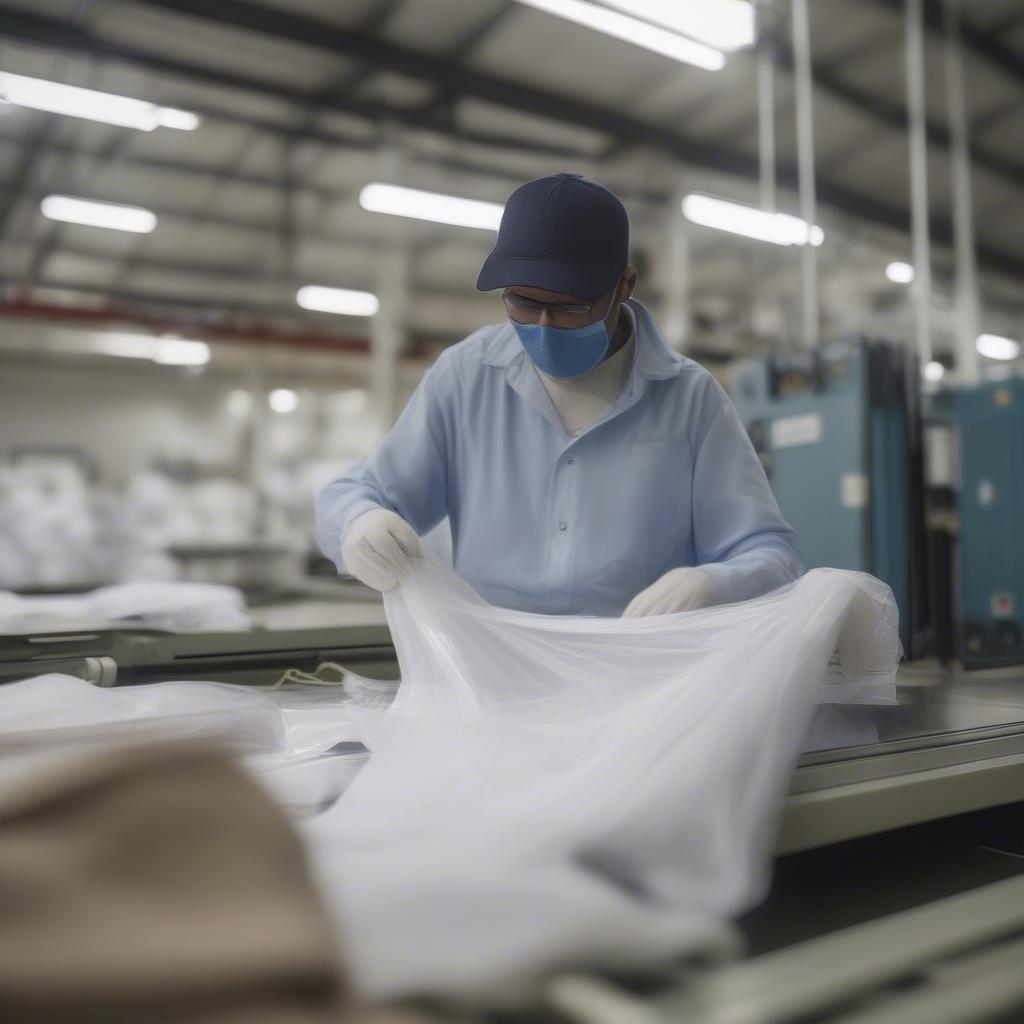 Quality control inspector meticulously examining a finished non-woven shopping bag, checking for stitching, print quality, and overall construction.