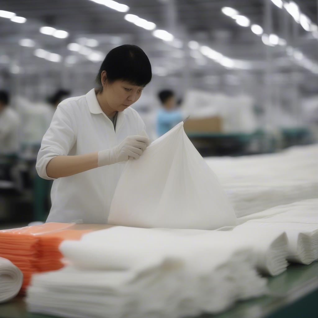 Quality control inspection at a non-woven bag factory in China.