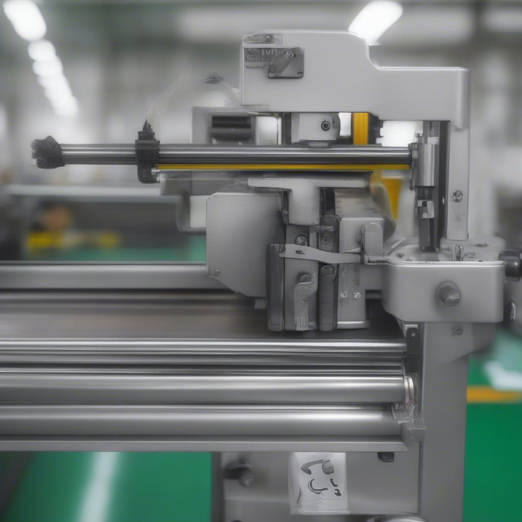 Close-up view of the cutting and sealing unit of a non-woven bag making machine, highlighting precision and speed