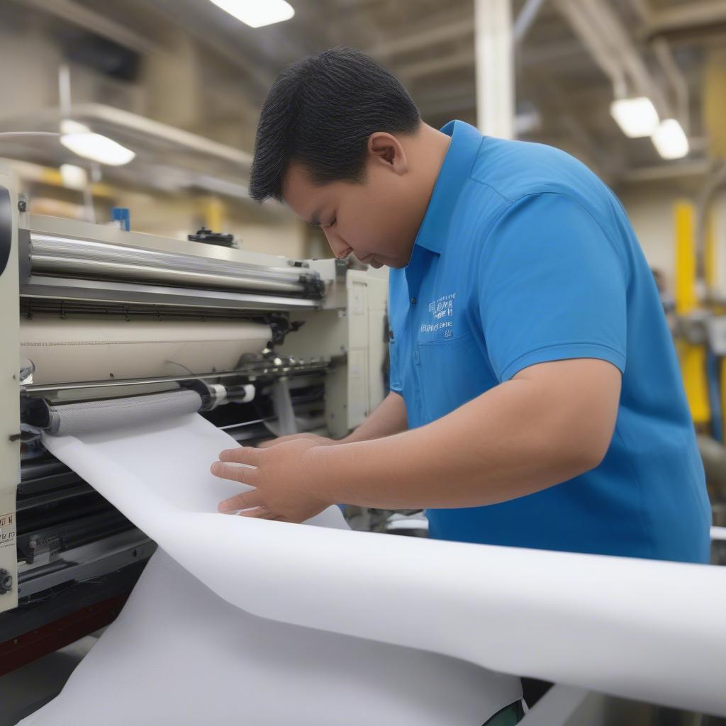 Technician performing maintenance on a non-woven bag making machine