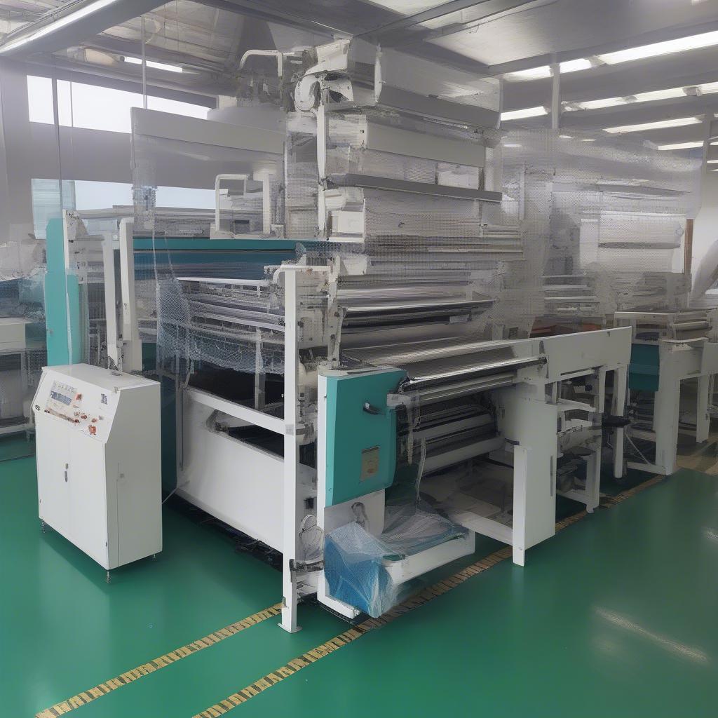 Non woven bag machine production line showing the various stages of bag creation.