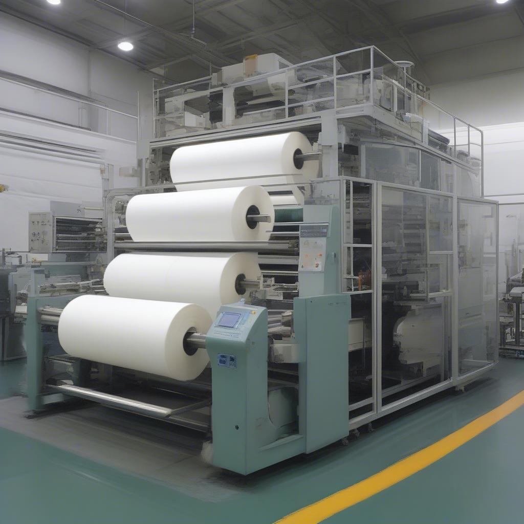 Non-woven bag making machine operating in a busy factory setting, producing eco-friendly bags.