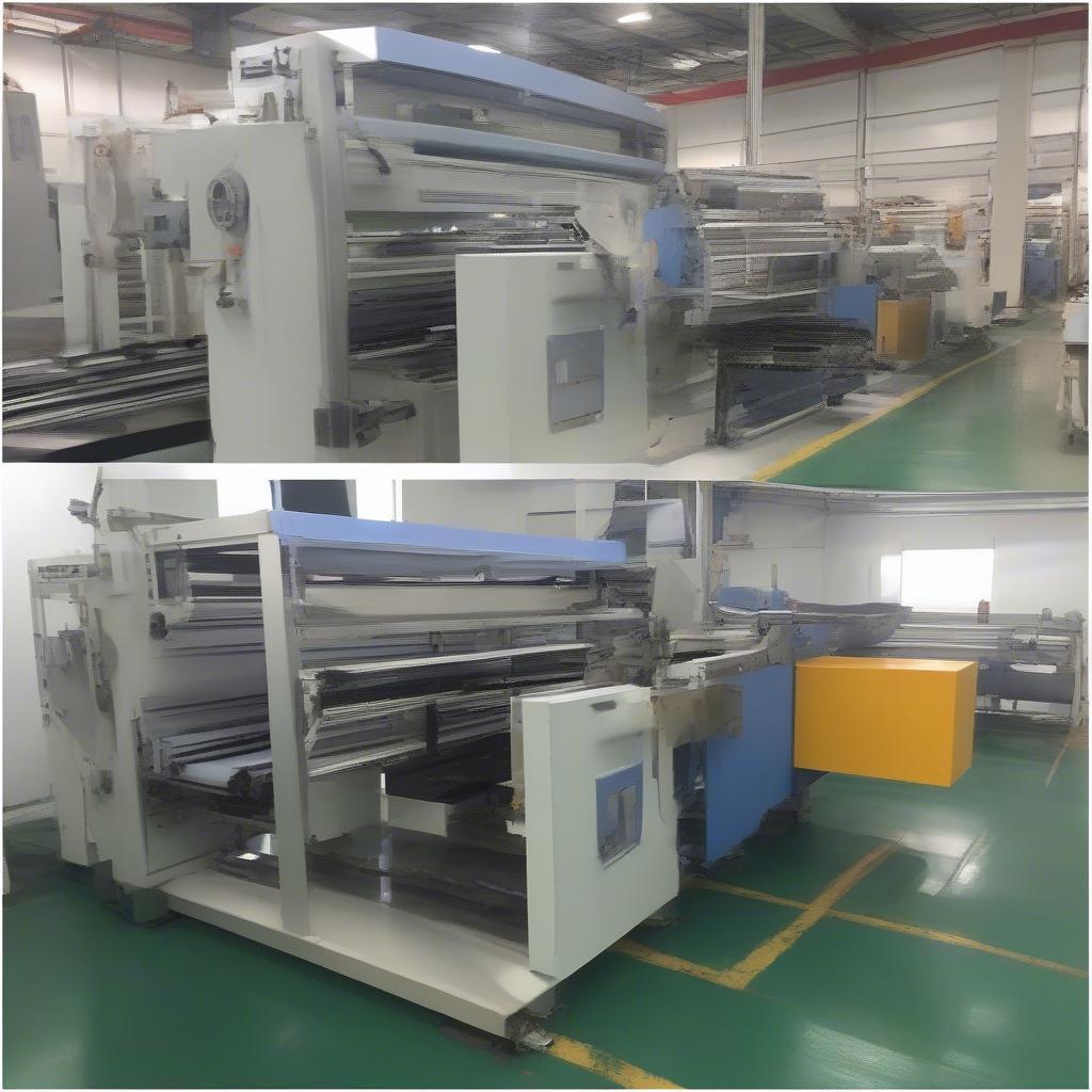 Non-woven bag making machine in operation, showing the raw material feed, cutting, and sealing processes