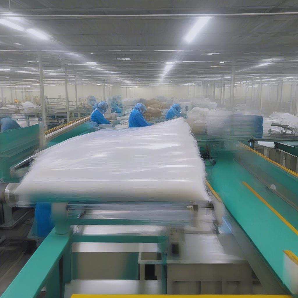 Workers producing non-woven bags in a factory.