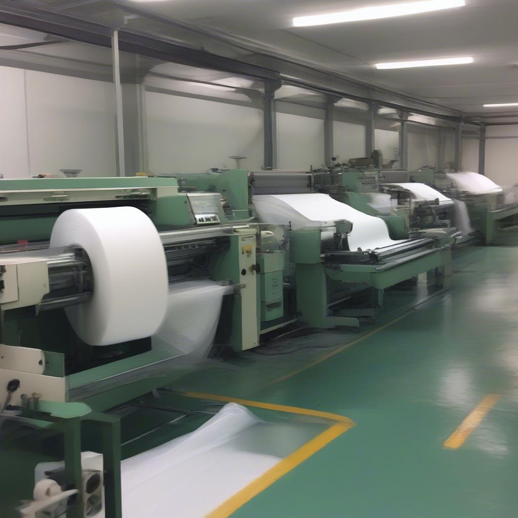 Non-woven bag manufacturing process showing raw materials, machinery, and finished products.