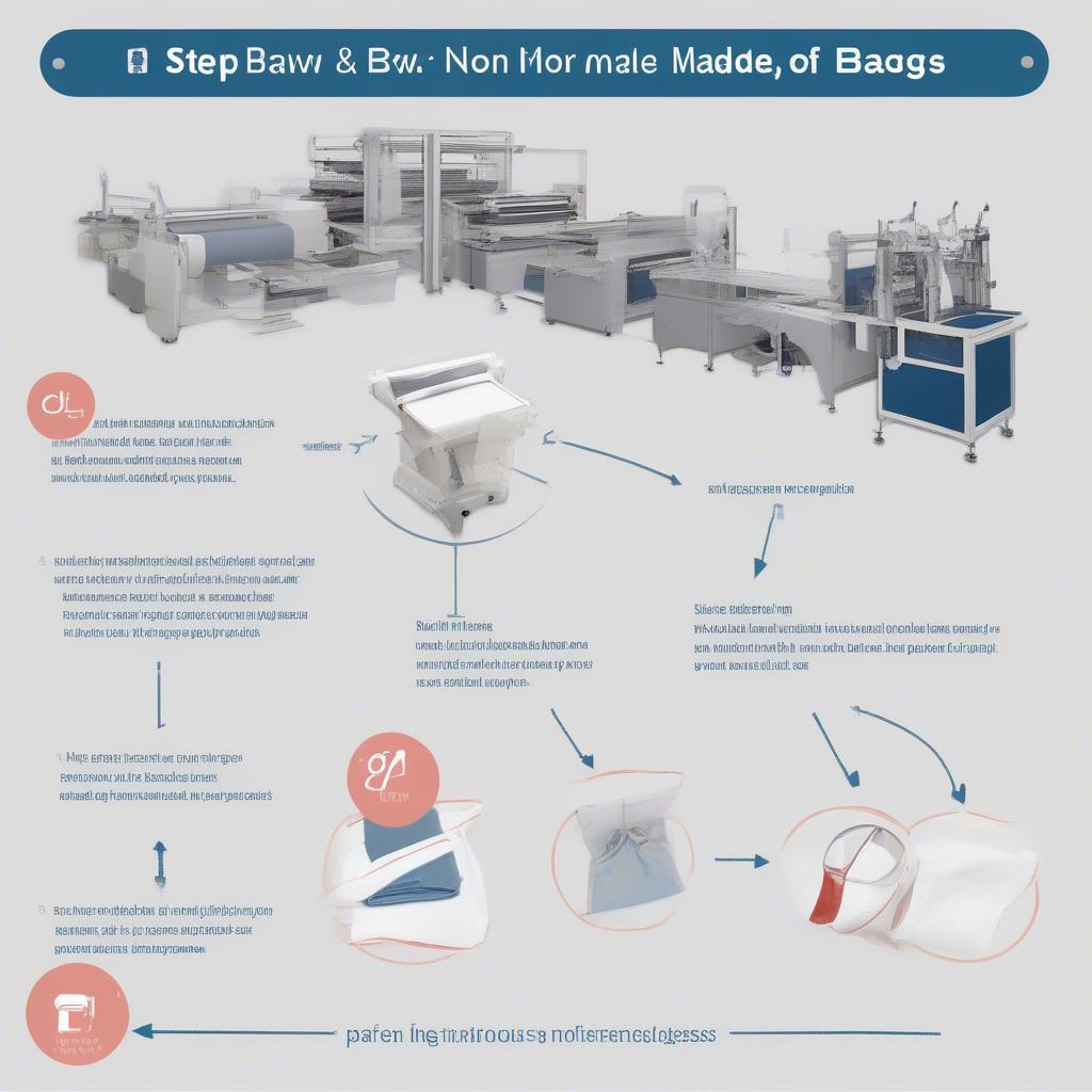 Non-woven bag manufacturing process showing raw materials, cutting, stitching, and final product.