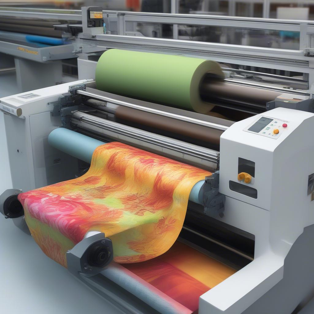 Non woven bag printing machine printing a colorful design onto a reusable shopping bag