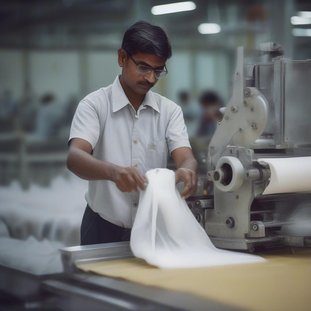 A worker operating a non-woven bag making machine in a factory in India, demonstrating the manufacturing process.