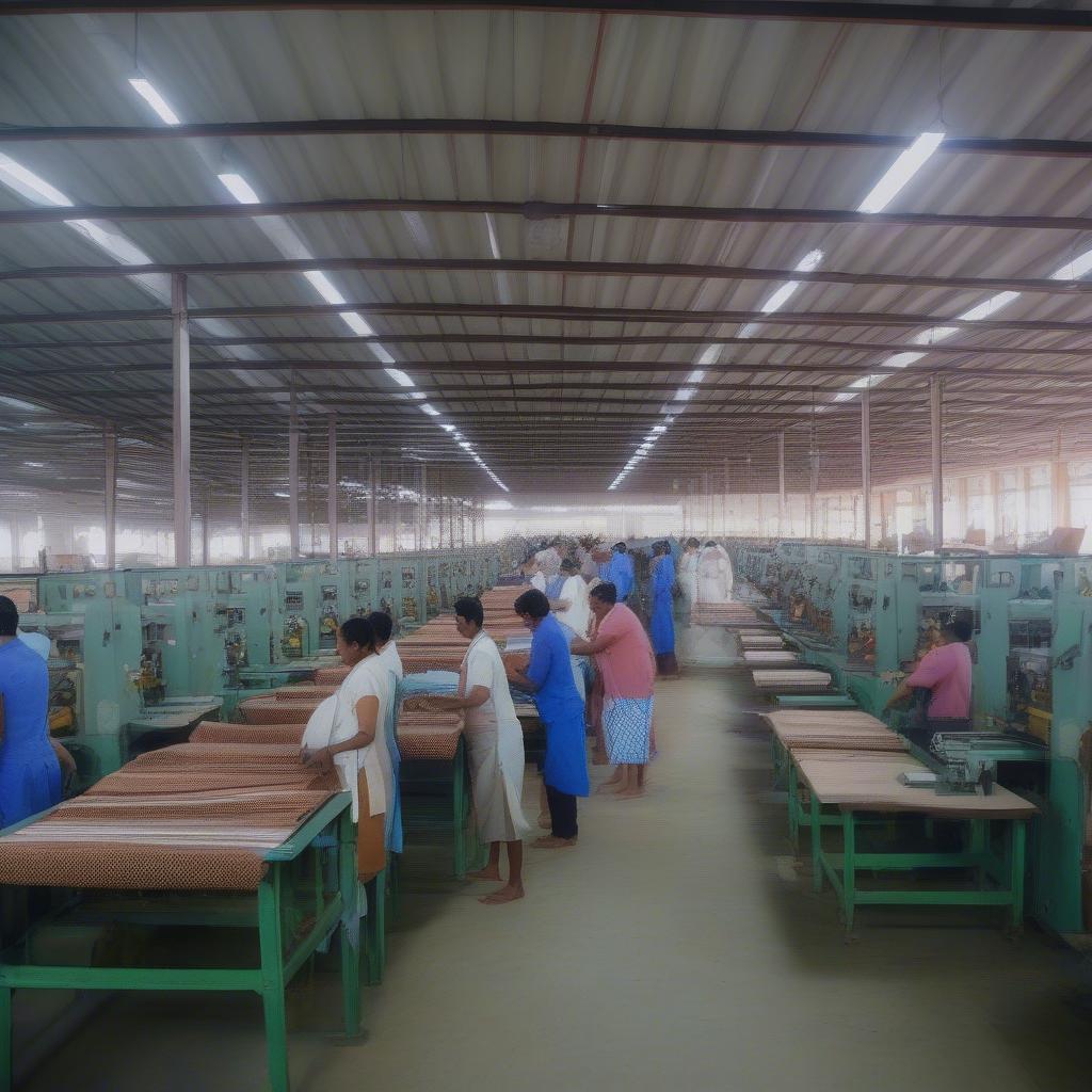 Workers producing non-woven bags using a manual machine in a Kerala workshop