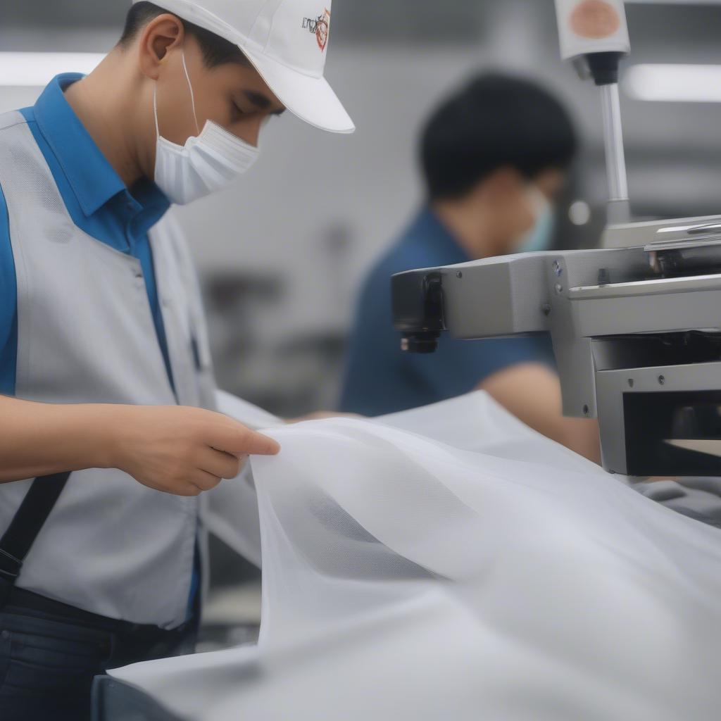 Quality control inspector examining a non-woven bag