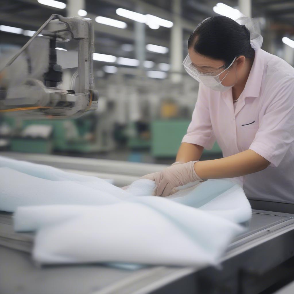 Inspecting the quality of non-woven bags during production.