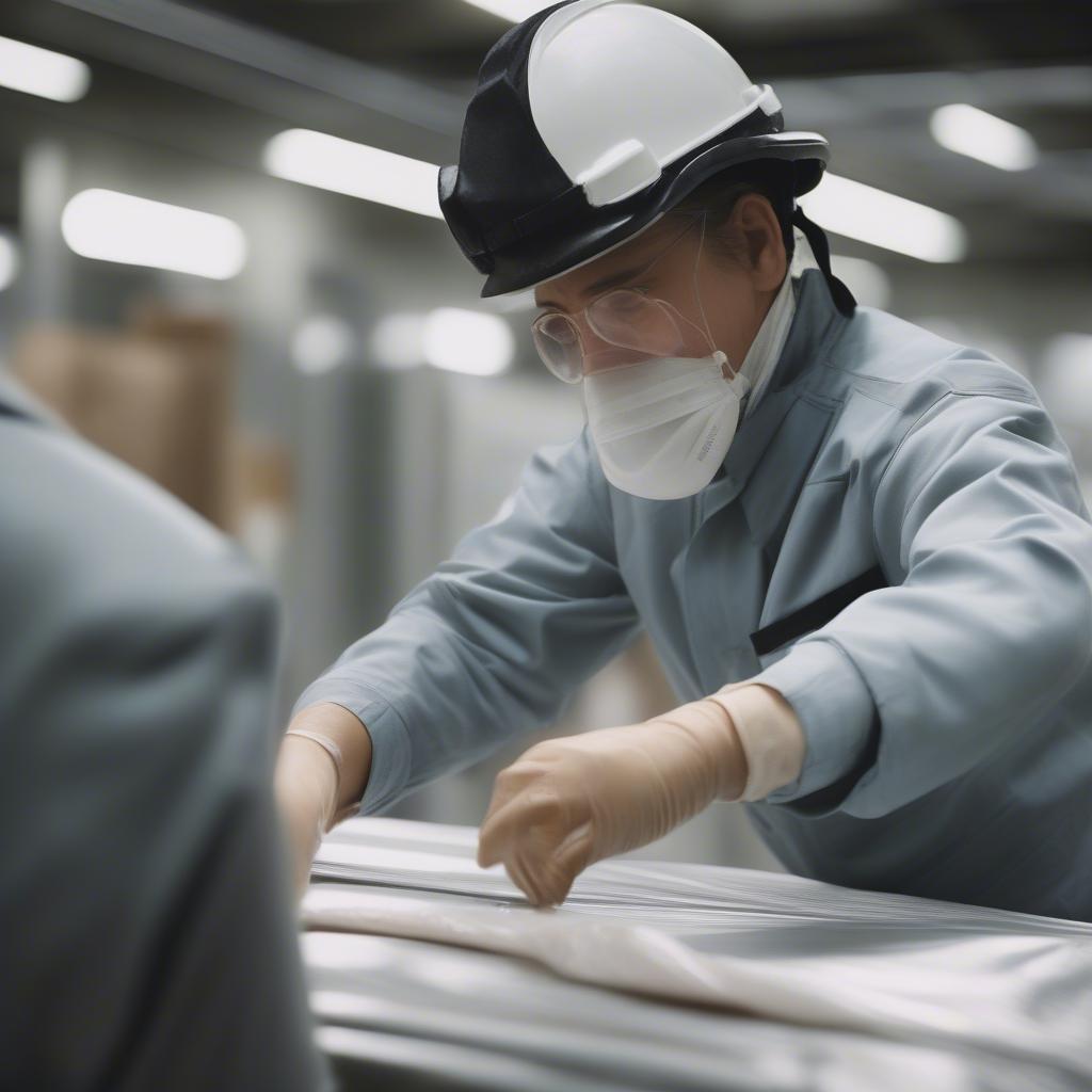 Quality control inspector meticulously examining a non-woven bag for stitching, printing, and material consistency in a Chinese factory.