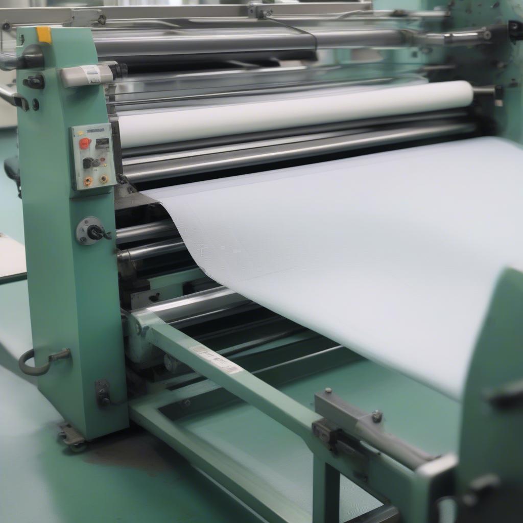 Non-woven bag slitting machine cutting fabric rolls into individual bag blanks