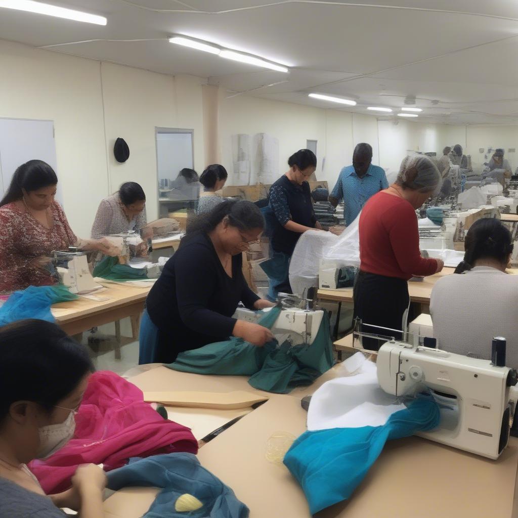 Participants learning to make non-woven bags in a workshop setting