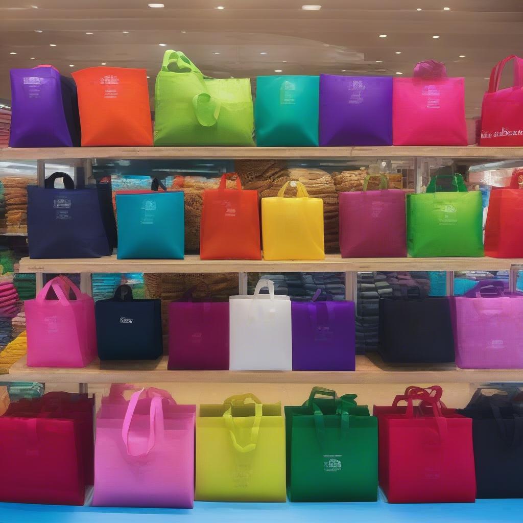 Non woven bags in various sizes and colors displayed at a market in Dubai