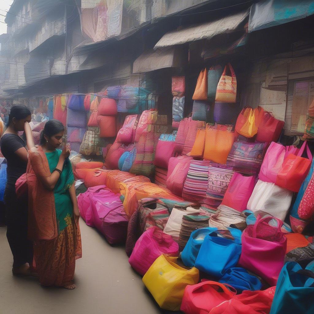 Non-woven bags displayed in a bustling Kolkata market