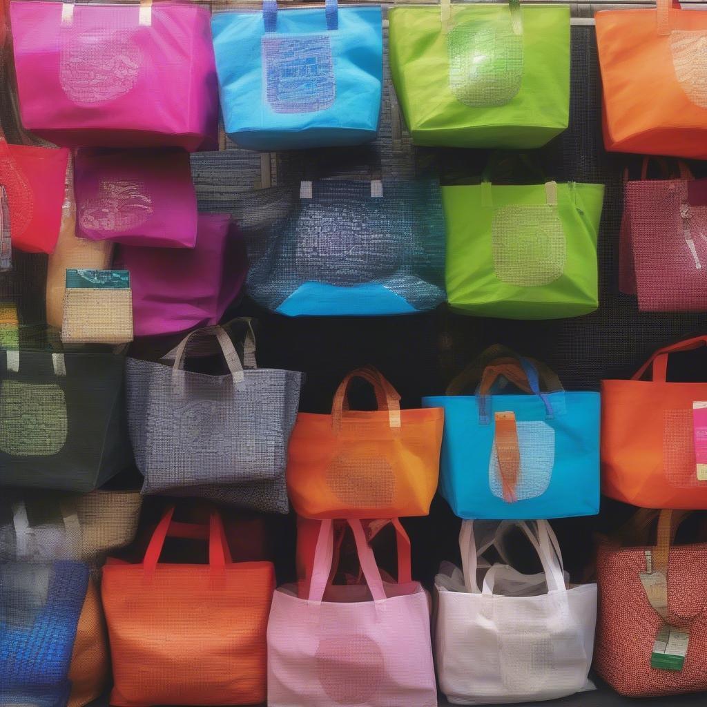 Non-woven bags displayed in a Mumbai market