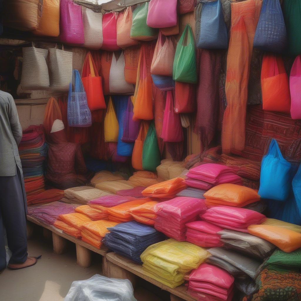 Non woven bags in various colors and sizes displayed in a Pakistani market.