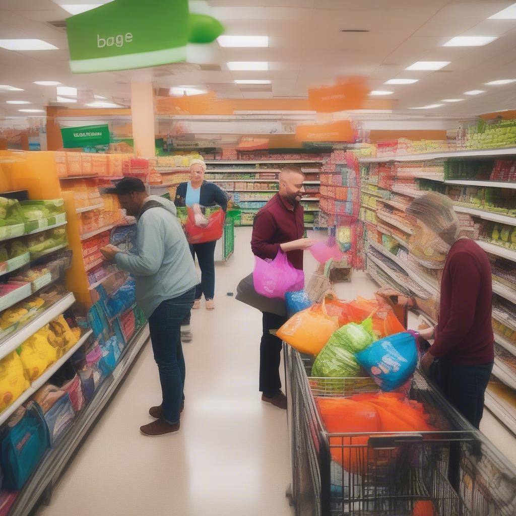 Non-woven bags being used at a supermarket checkout