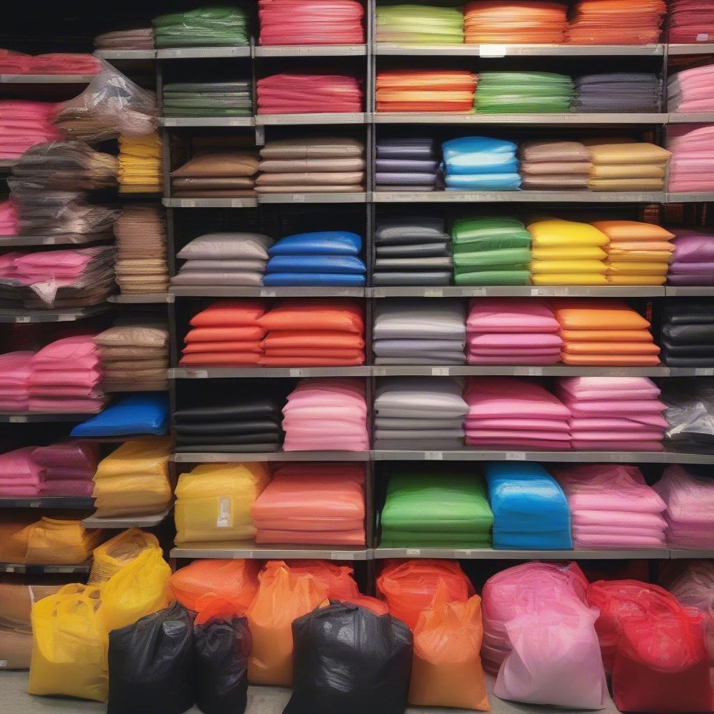 Non woven bags in various colors and sizes displayed at a wholesale market in Singapore