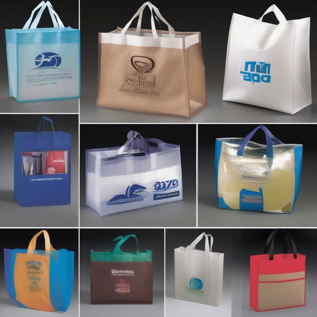 Non-woven bags with custom logos for various businesses.