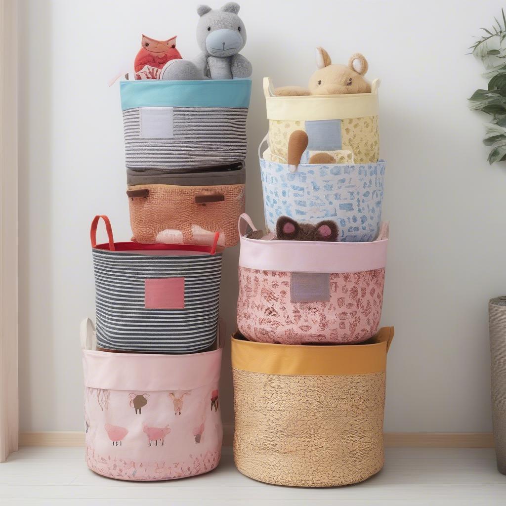 A variety of children's non-weaving baskets in different sizes, colors, and patterns, suitable for diverse storage needs and room aesthetics.