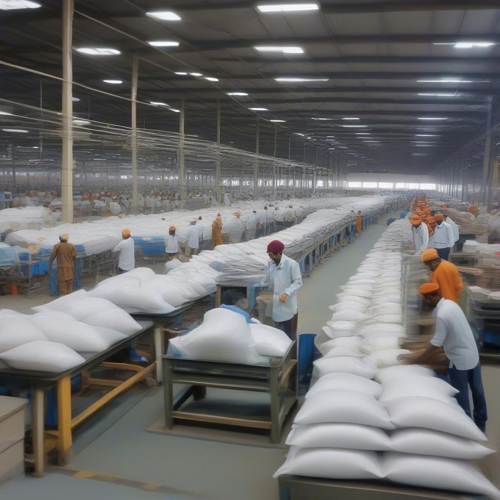 Non woven carry bag manufacturing process in a Surat factory, showing workers operating machinery and stacks of finished bags.